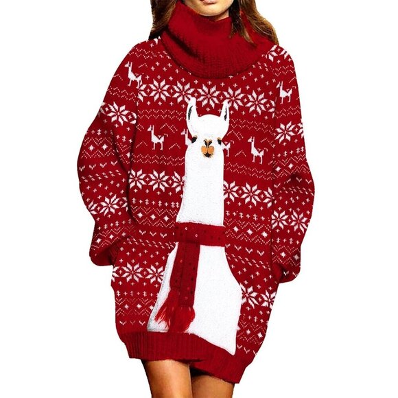 Pink Queen Christmas Llama Alpaca Chunky Knit Turtleneck Sweater Dress Large - Picture 1 of 8
